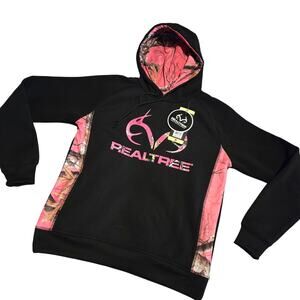 NWT women's black hoodie featuring pink camouflage side panels, lining small